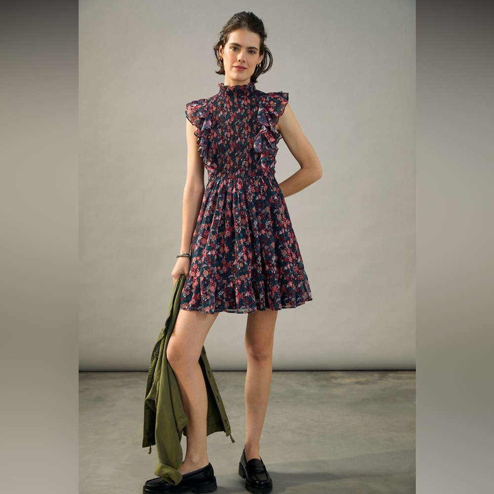 Anthropologie Ranna Gill Katya Ruffled Mini Floral Mesh Dress in Size Small